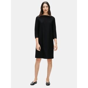 Eileen Fisher‎ Crepe Shift Dress Black 3 Bateau Minimalist Comfort Large Classic